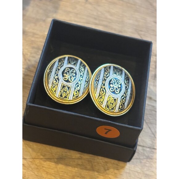 Vintage Spain Damascene Gold & Black Oval Cufflinks With Intricate Pattern - Picture 2 of 5